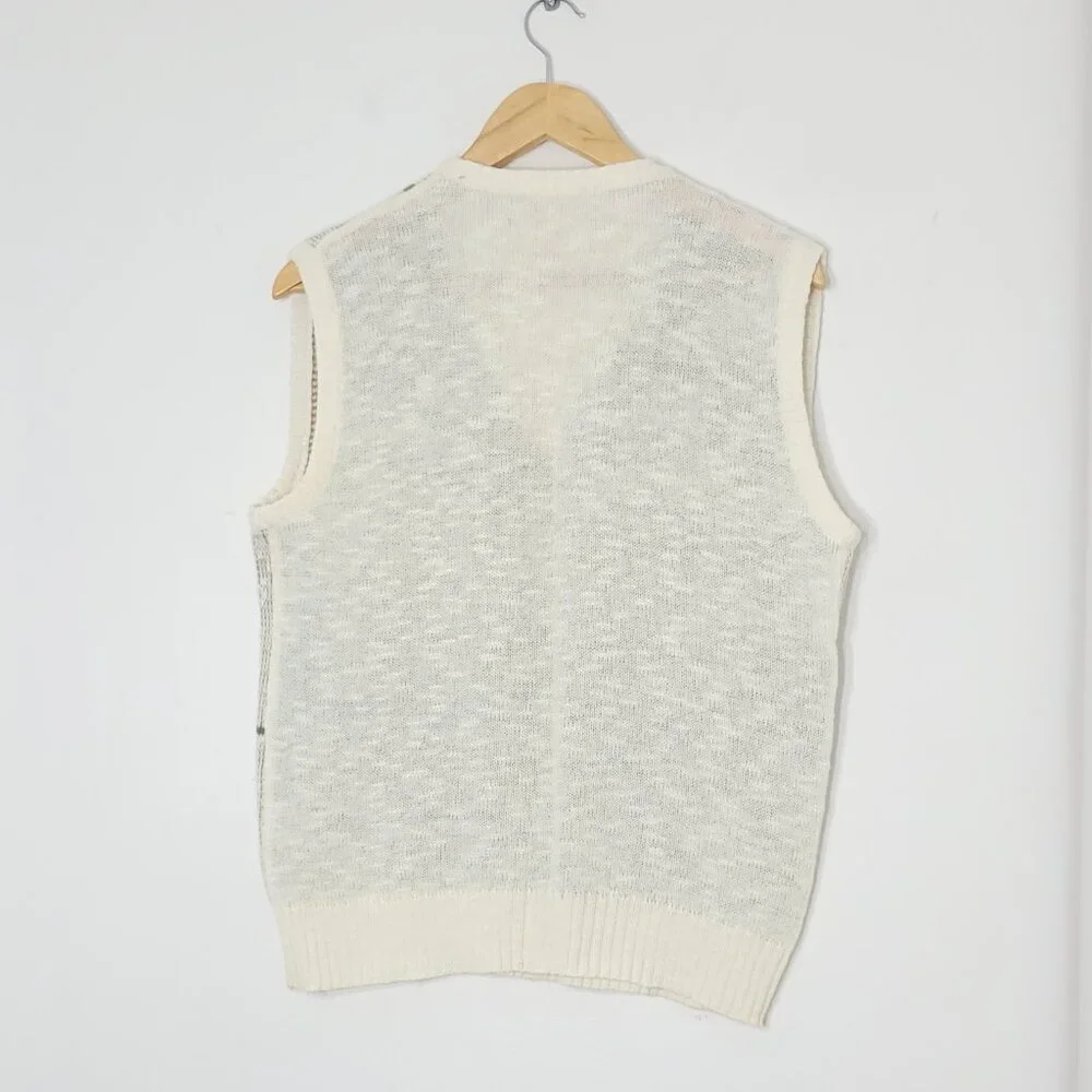 Vintage Knitted Ivory Yellow Striped Green Cotton Blend V-Neck Sleeveless Vest - Picture 6 of 10